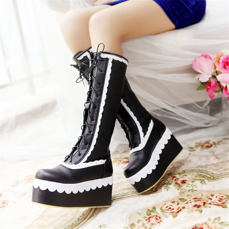 patchwork wedge high heel lace up boots