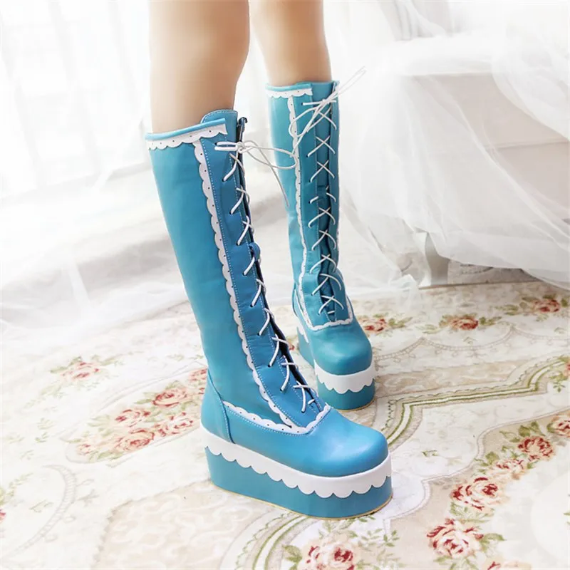 patchwork wedge high heel lace up boots