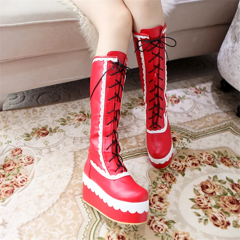 patchwork wedge high heel lace up boots