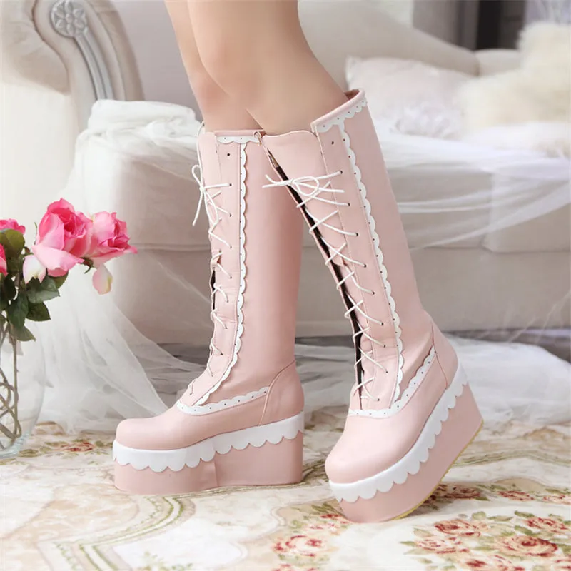 patchwork wedge high heel lace up boots