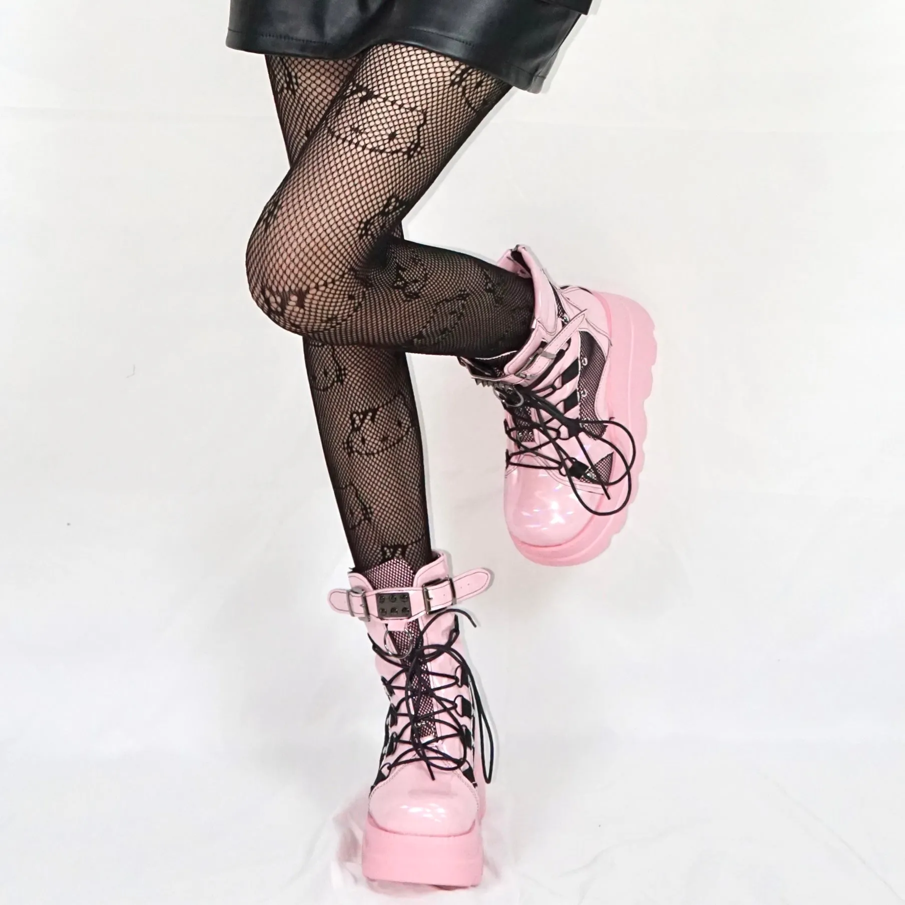 Pink Killer Black Pink Lace Wedge Plantform Boots