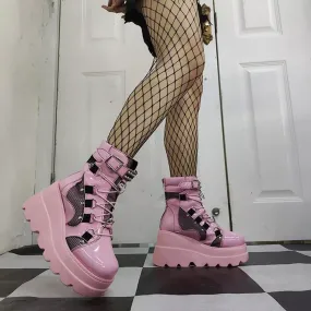 Pink Killer Black Pink Lace Wedge Plantform Boots