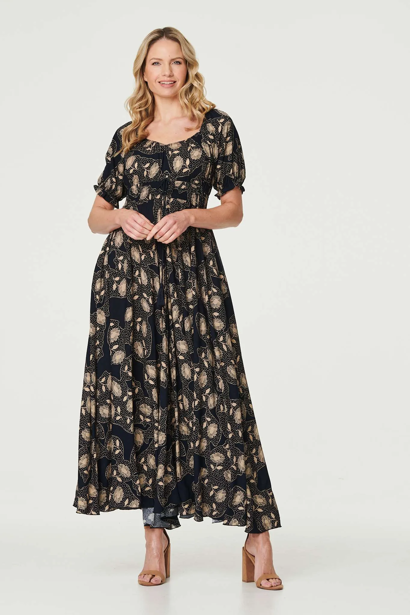 Printed Shirred Waist Maxi Dress