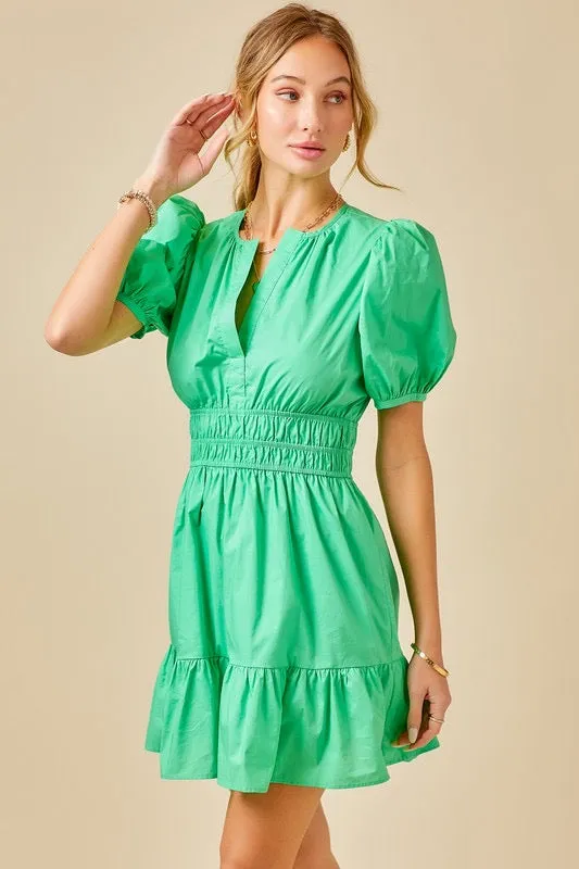 Puff Sleeve Poplin Dress in Fern