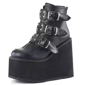 Purpdrank - Winter Buckle Ankel Boots Women Punk Female Platform Boots Wedges High Heels PU Women Boots Botas Mujer Plus Size