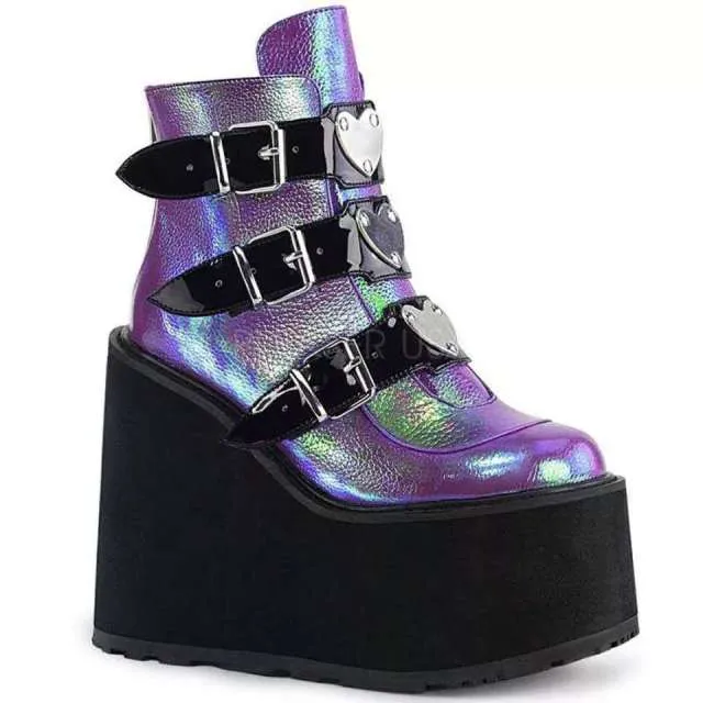 Purpdrank - Winter Buckle Ankel Boots Women Punk Female Platform Boots Wedges High Heels PU Women Boots Botas Mujer Plus Size