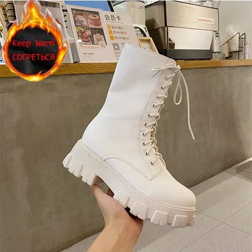 Purpdrank - Women Motorcycle Boots Wedges Flat Shoes Woman High Heel Platform PU Leather Boots Lace Up Women Shoes Black Boots Girls