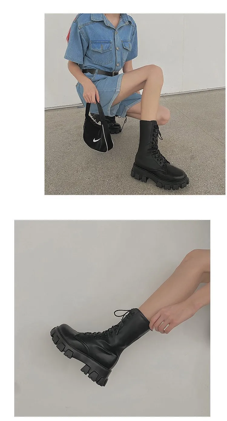 Purpdrank - Women Motorcycle Boots Wedges Flat Shoes Woman High Heel Platform PU Leather Boots Lace Up Women Shoes Black Boots Girls