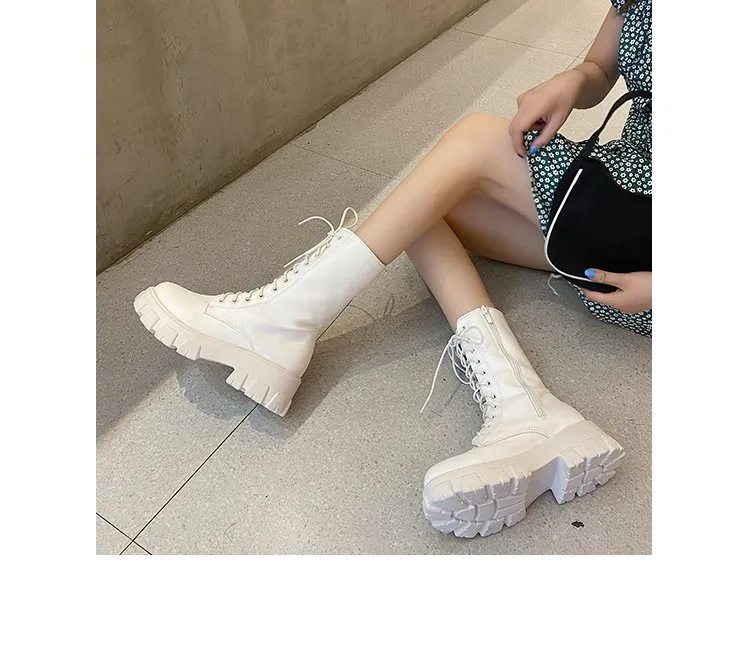 Purpdrank - Women Motorcycle Boots Wedges Flat Shoes Woman High Heel Platform PU Leather Boots Lace Up Women Shoes Black Boots Girls