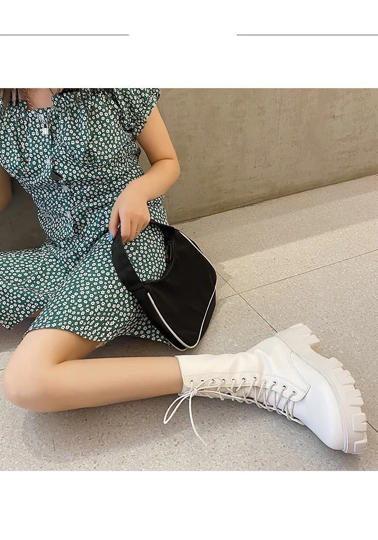 Purpdrank - Women Motorcycle Boots Wedges Flat Shoes Woman High Heel Platform PU Leather Boots Lace Up Women Shoes Black Boots Girls