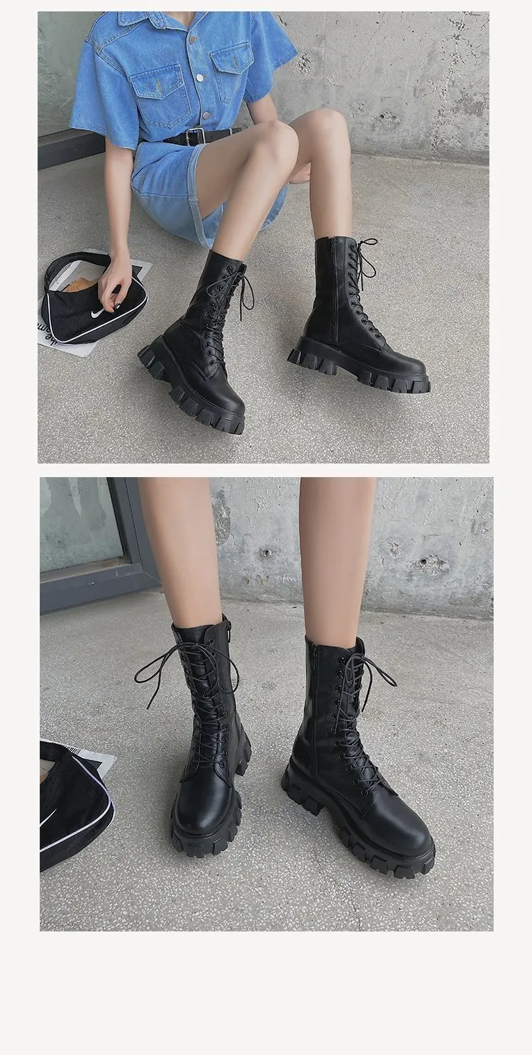 Purpdrank - Women Motorcycle Boots Wedges Flat Shoes Woman High Heel Platform PU Leather Boots Lace Up Women Shoes Black Boots Girls