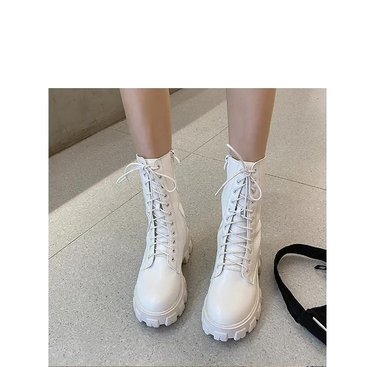 Purpdrank - Women Motorcycle Boots Wedges Flat Shoes Woman High Heel Platform PU Leather Boots Lace Up Women Shoes Black Boots Girls