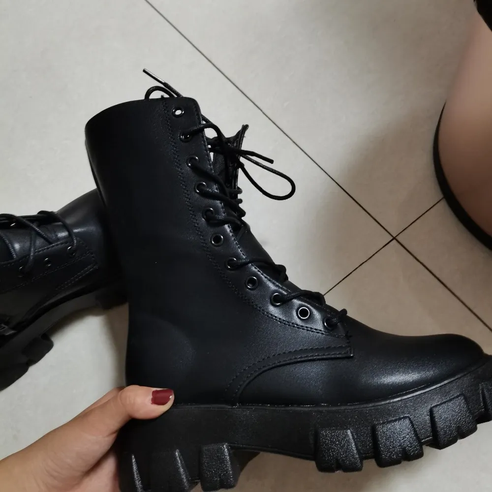 Purpdrank - Women Motorcycle Boots Wedges Flat Shoes Woman High Heel Platform PU Leather Boots Lace Up Women Shoes Black Boots Girls