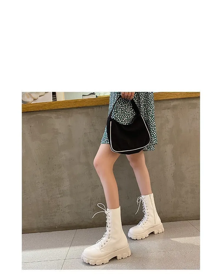 Purpdrank - Women Motorcycle Boots Wedges Flat Shoes Woman High Heel Platform PU Leather Boots Lace Up Women Shoes Black Boots Girls