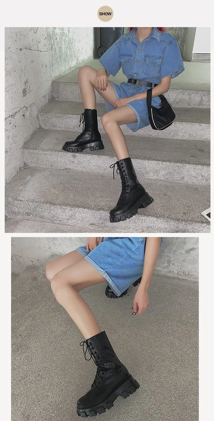 Purpdrank - Women Motorcycle Boots Wedges Flat Shoes Woman High Heel Platform PU Leather Boots Lace Up Women Shoes Black Boots Girls