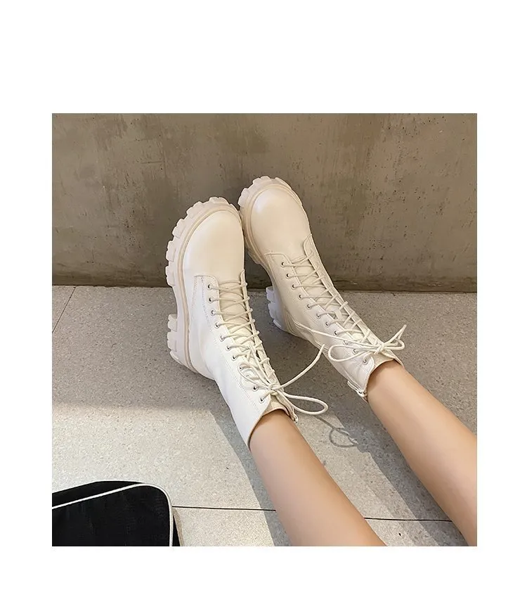 Purpdrank - Women Motorcycle Boots Wedges Flat Shoes Woman High Heel Platform PU Leather Boots Lace Up Women Shoes Black Boots Girls