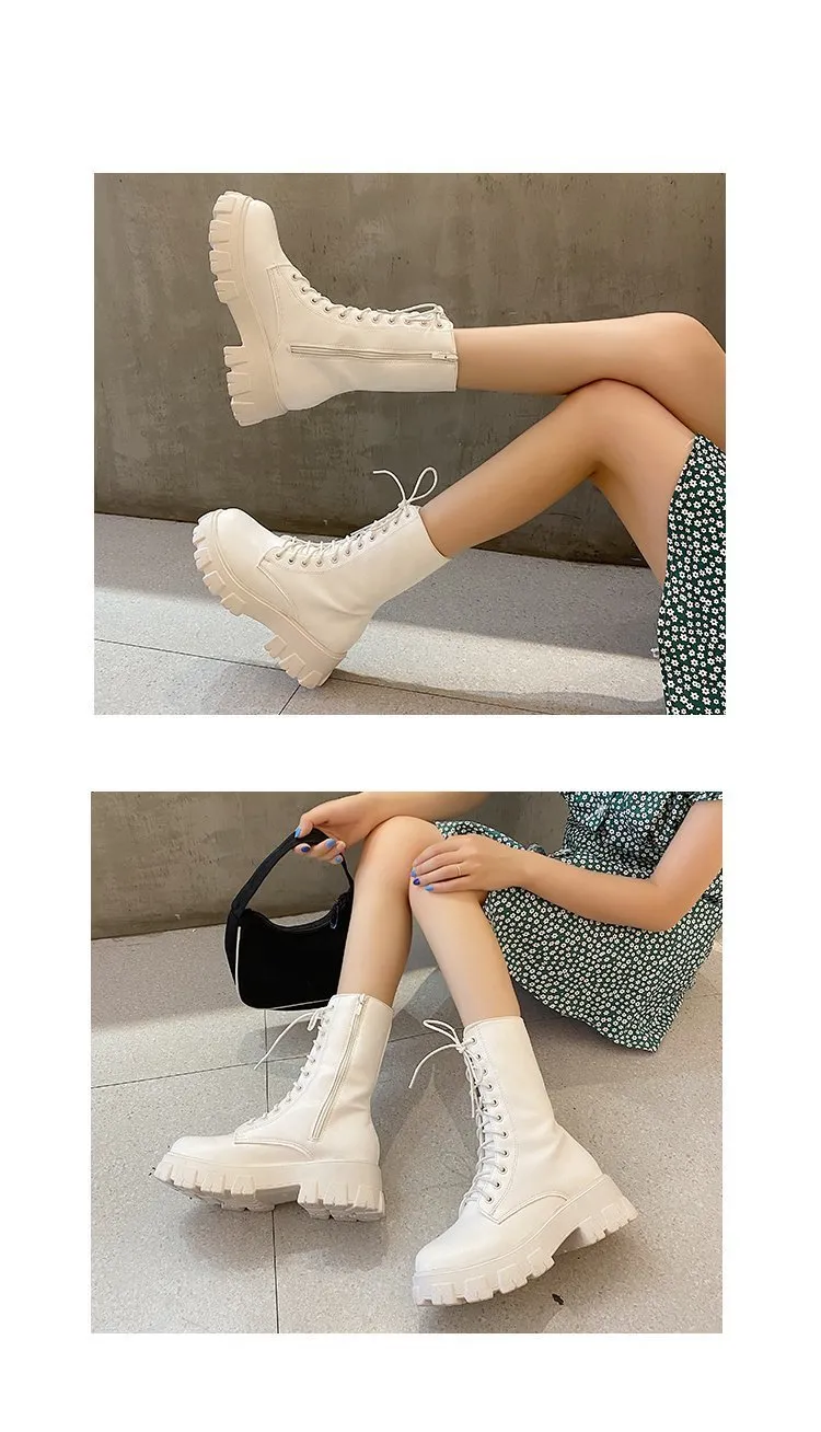 Purpdrank - Women Motorcycle Boots Wedges Flat Shoes Woman High Heel Platform PU Leather Boots Lace Up Women Shoes Black Boots Girls