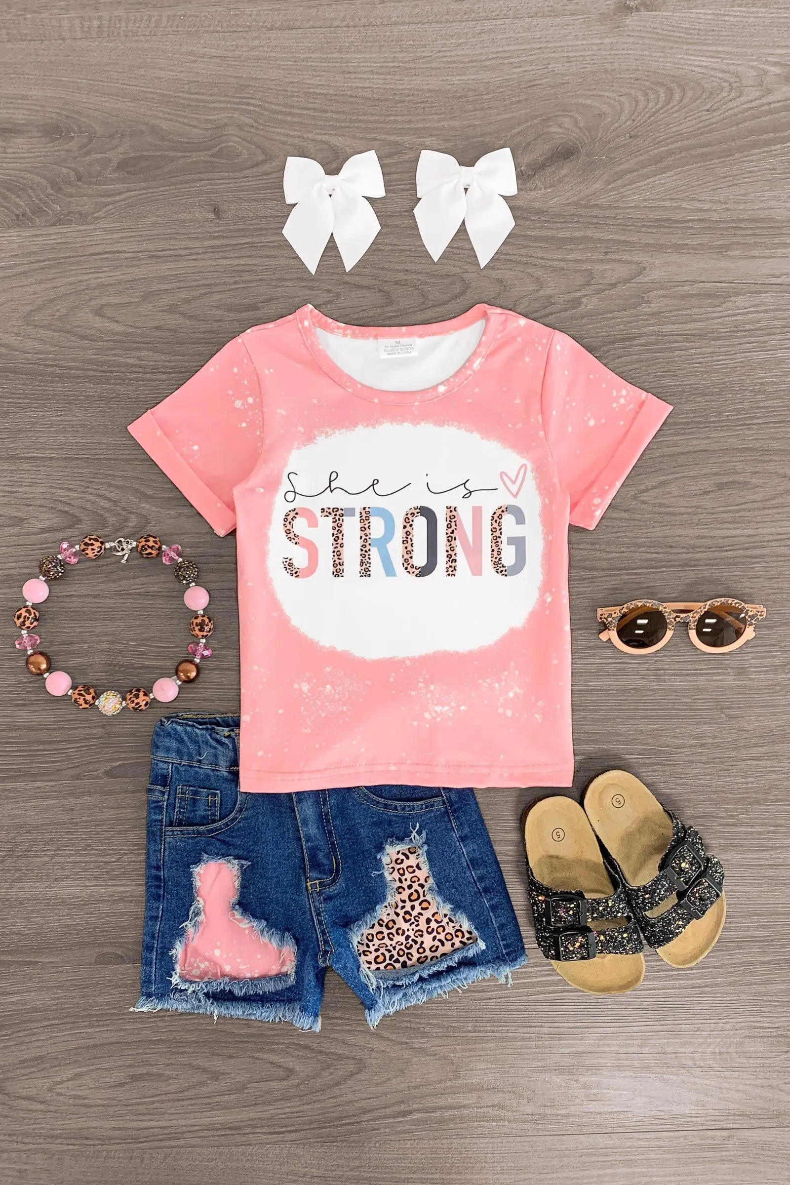 "She Is Strong" Pink Denim Short Set