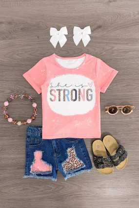 "She Is Strong" Pink Denim Short Set