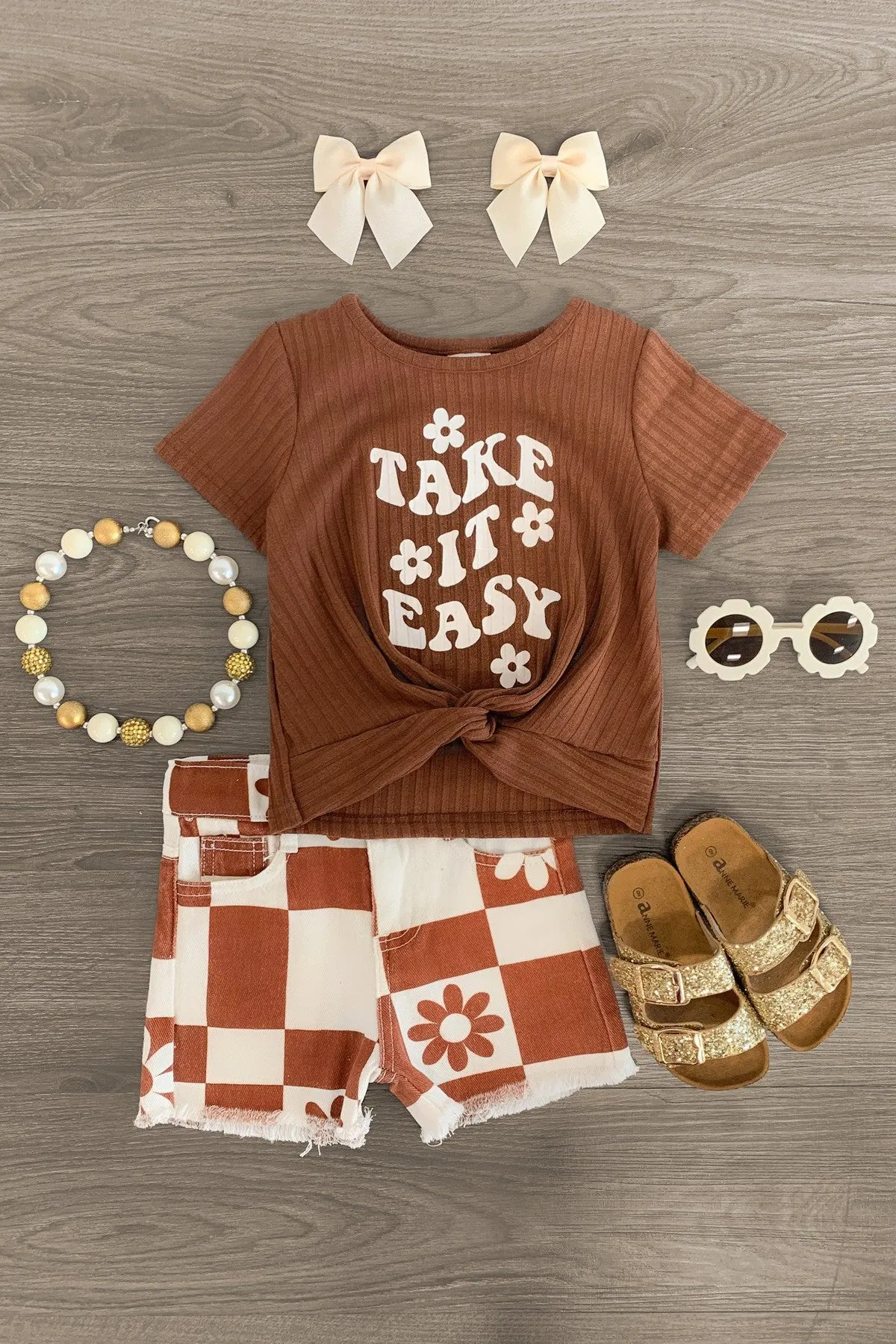 "Take It Easy" Brown Checkered Denim Short Set