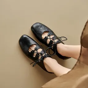 Retro Lace Up Sheepskin Shoes For Women Square Toe Flats in Black/Coffee