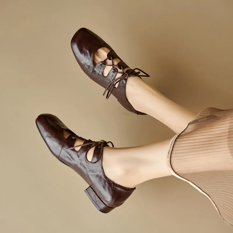 Retro Lace Up Sheepskin Shoes For Women Square Toe Flats in Black/Coffee