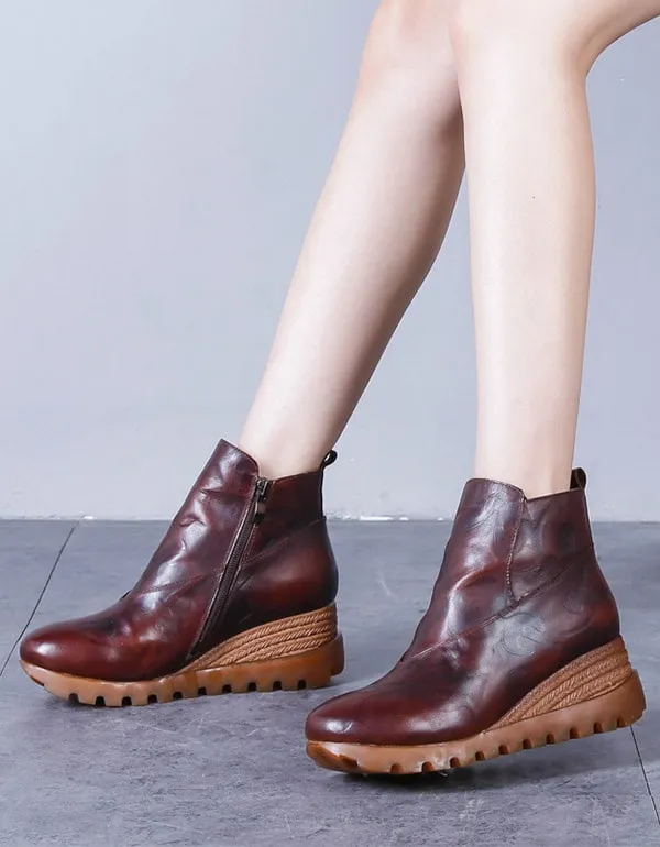 Retro Leather Comfortable Wedges Boots For Women