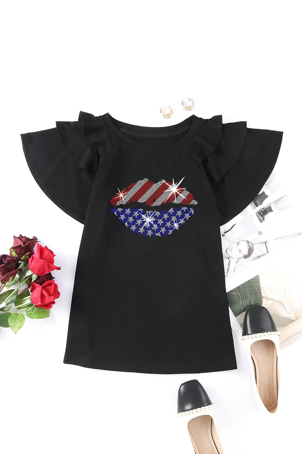 Rhinestone American Flag Lip Shape Graphic Tiered Ruffle Sleeve Tee: Sparkle Loud, Slay Hard, and Serve Looks AF 💋🇺🇸✨