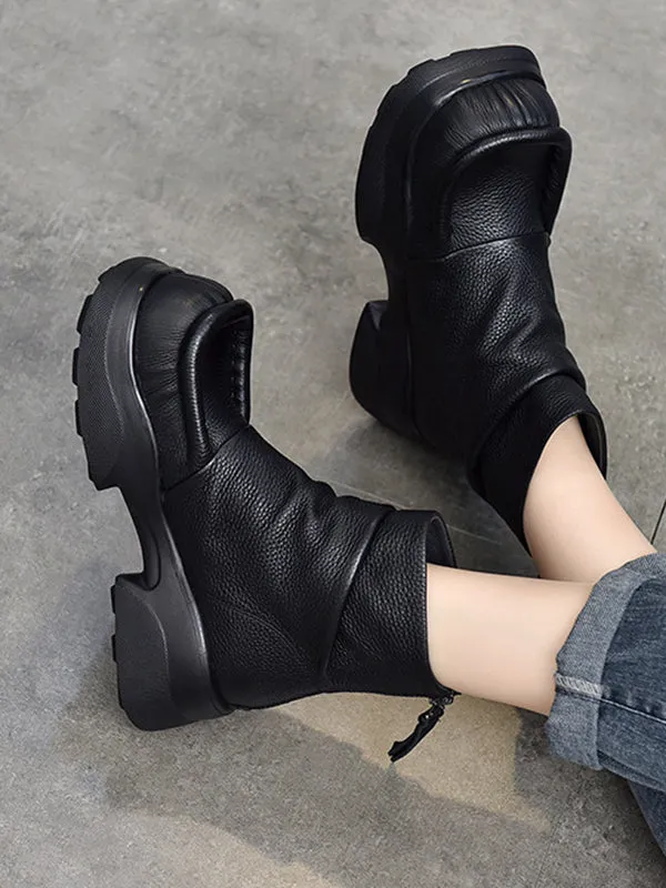 Round-Toe Solid Color Zipper Platform Boots