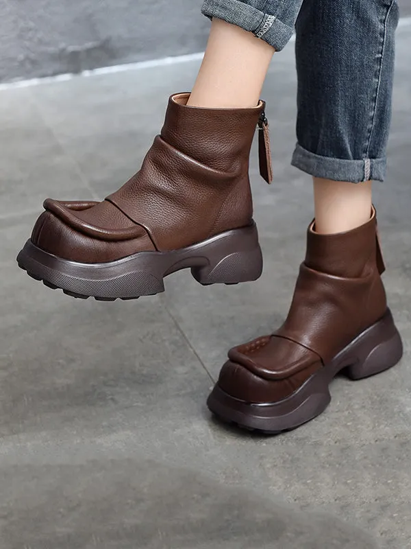 Round-Toe Solid Color Zipper Platform Boots