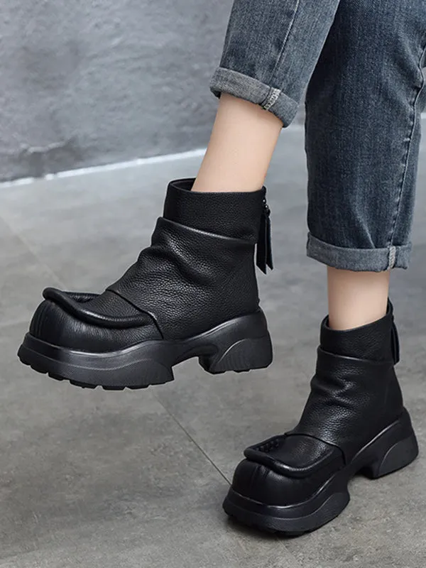 Round-Toe Solid Color Zipper Platform Boots