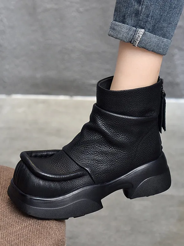 Round-Toe Solid Color Zipper Platform Boots