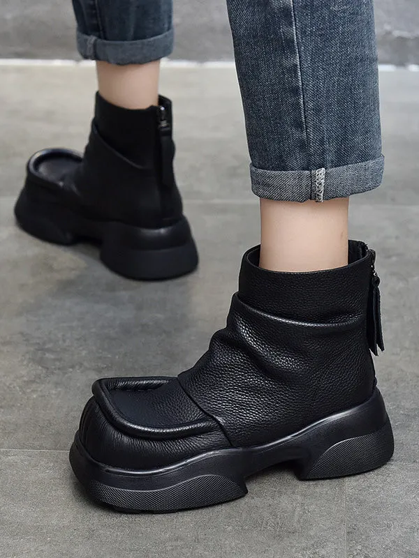 Round-Toe Solid Color Zipper Platform Boots