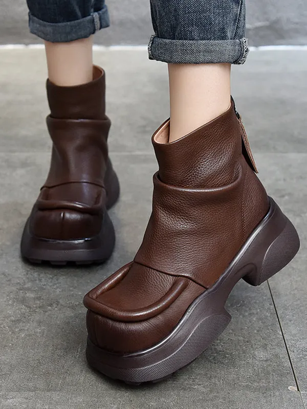 Round-Toe Solid Color Zipper Platform Boots