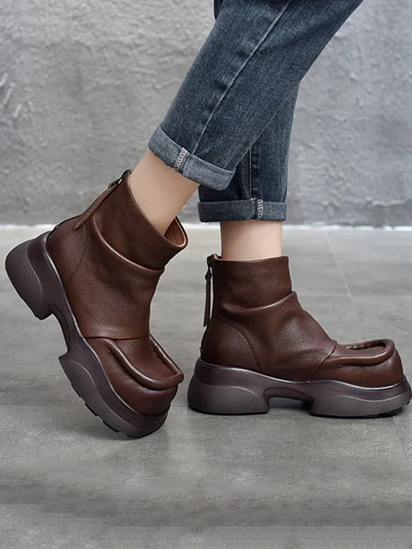 Round-Toe Solid Color Zipper Platform Boots