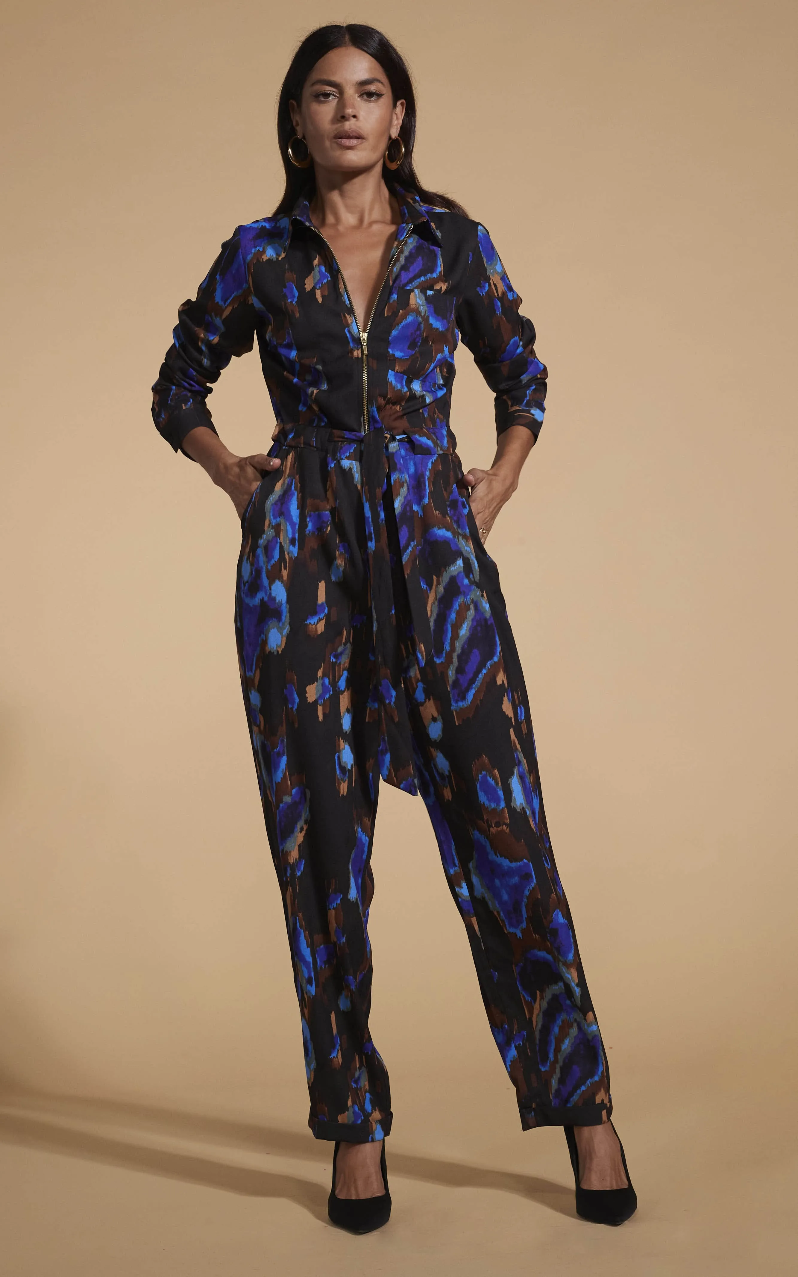 Roxanna Zip Jumpsuit In Camo Abstract Blue On Black