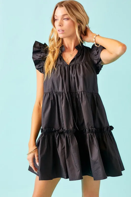 Ruffle Sleeve Babydoll Dress in Black