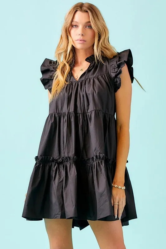 Ruffle Sleeve Babydoll Dress in Black