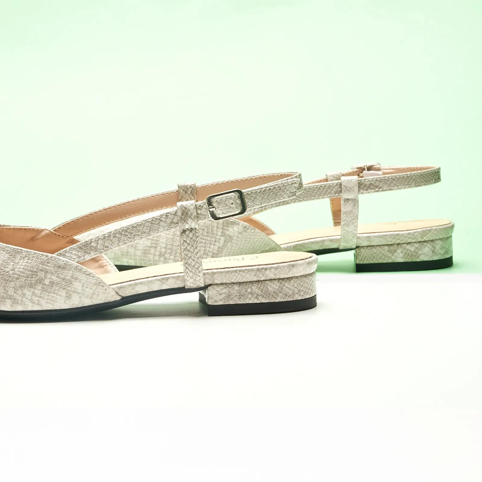 Sleek Prints Slingback Flats (Freya) Light Grey Snake