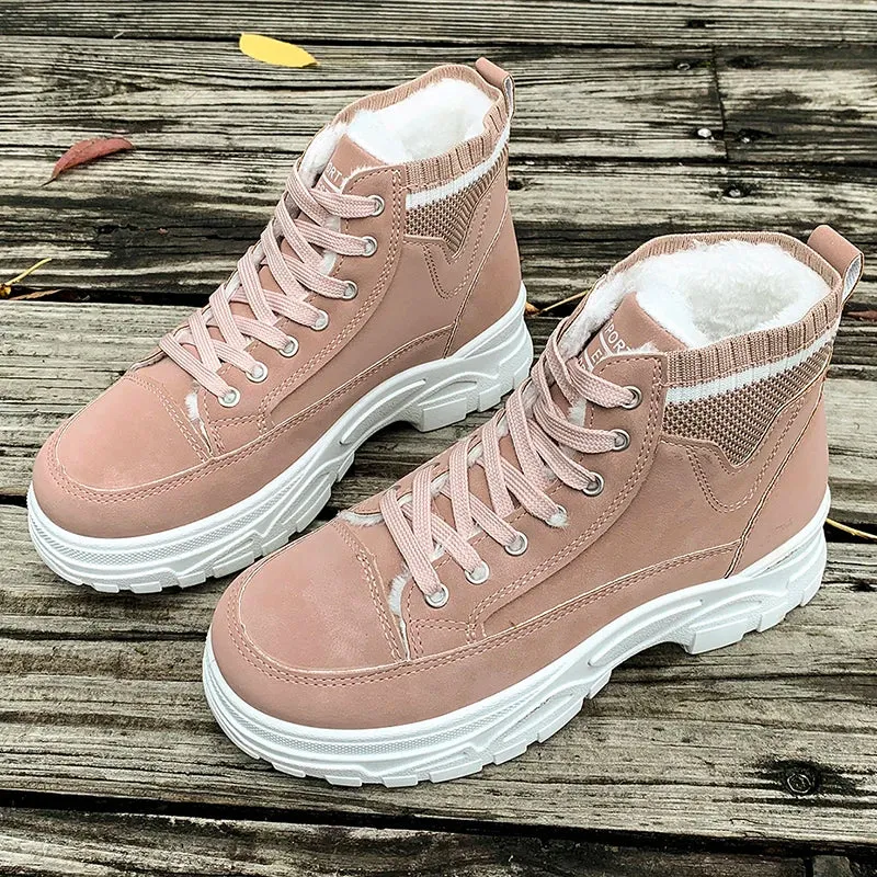 Sohiwoo Cozy Lace Up Pink Snow Boots Women Winter Thick Plush Warm High Top Sneakers Woman Thick Sole Non Slip Ankle Boots 45