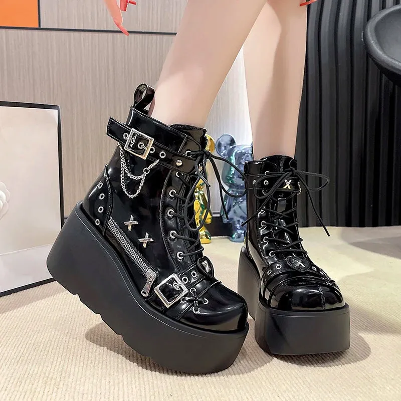 Sohiwoo New Gothic Style Platform Vampire Cosplay Women Mid-calf Boots Winter Wedges Comfy Women Motorcycle Boots Shoes