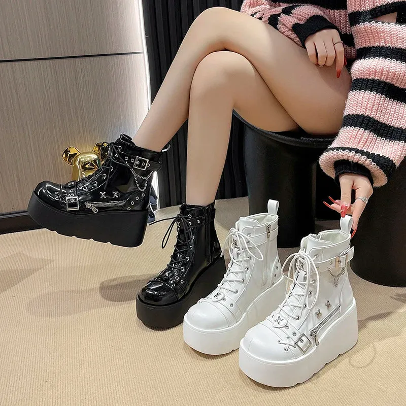 Sohiwoo New Gothic Style Platform Vampire Cosplay Women Mid-calf Boots Winter Wedges Comfy Women Motorcycle Boots Shoes