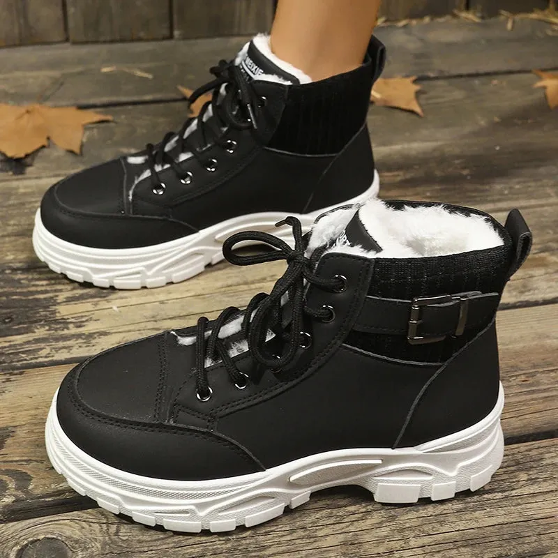 Sohiwoo Short Plsuh Chunky Platform Sneakers Women Plus Size 45 Thick Sole Ankle Boots Woman Lace Up Cotton Padded Shoes Female