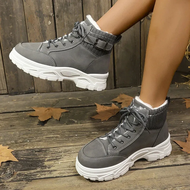 Sohiwoo Short Plsuh Chunky Platform Sneakers Women Plus Size 45 Thick Sole Ankle Boots Woman Lace Up Cotton Padded Shoes Female