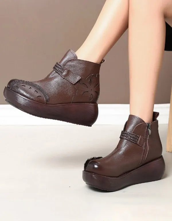 Spring Autumn Retro Leather Wedges Ankle Boots