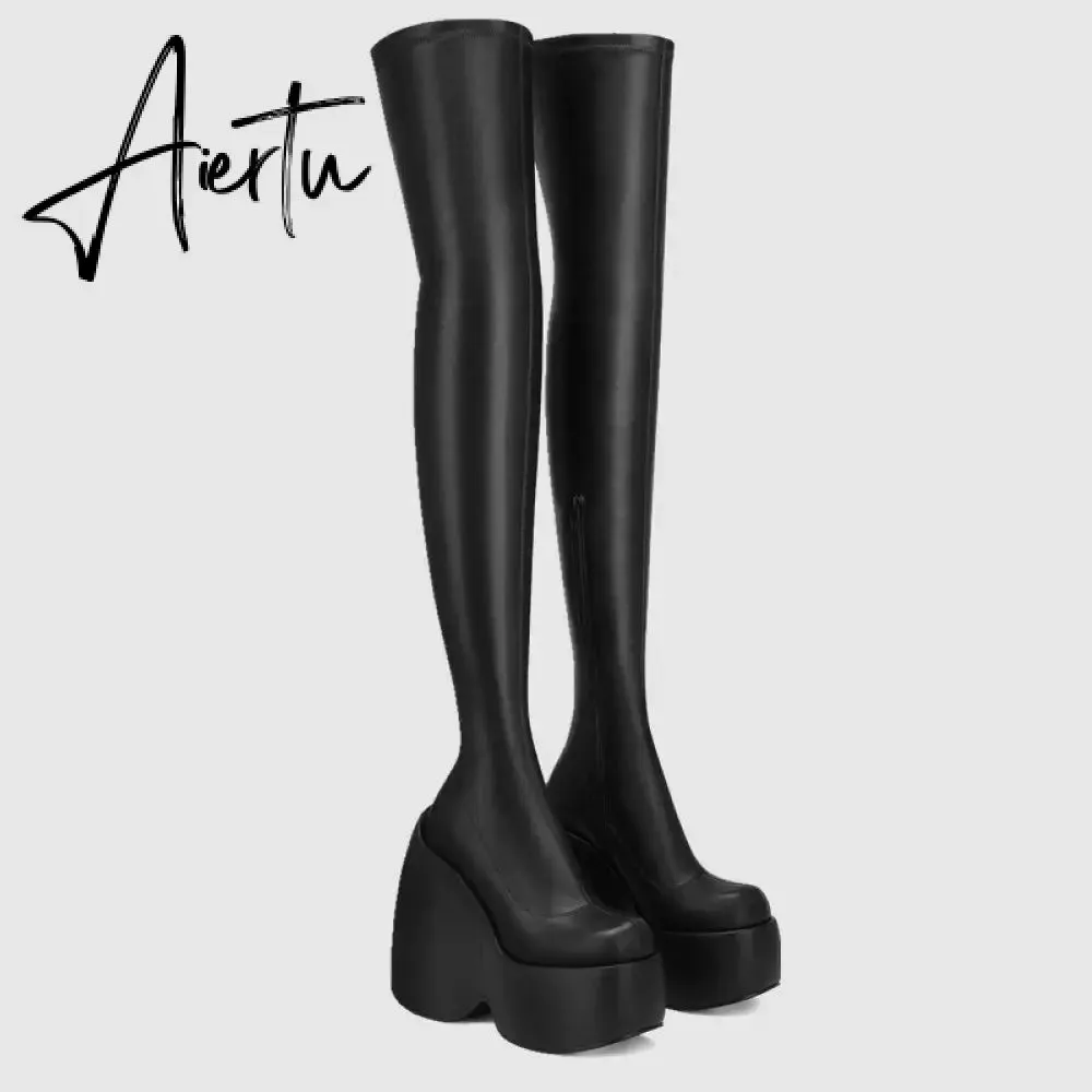 Spring autumn Women Over The Knee High Boots Pointed Toe wedges Heels slip on platform white Thigh High Boots