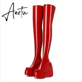 Spring autumn Women Over The Knee High Boots Pointed Toe wedges Heels slip on platform white Thigh High Boots