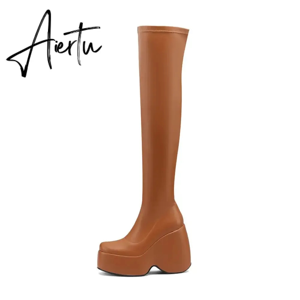 Spring autumn Women Over The Knee High Boots Pointed Toe wedges Heels slip on platform white Thigh High Boots