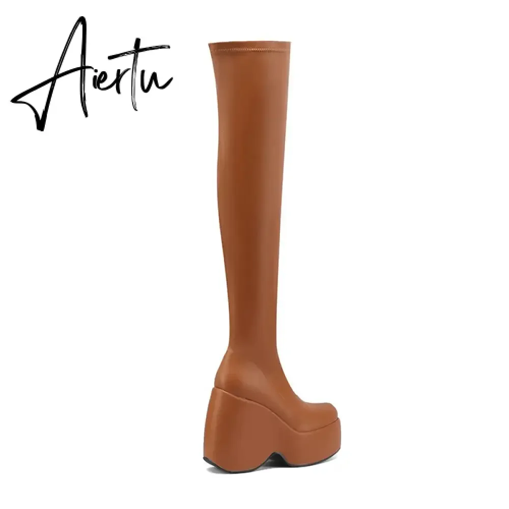 Spring autumn Women Over The Knee High Boots Pointed Toe wedges Heels slip on platform white Thigh High Boots