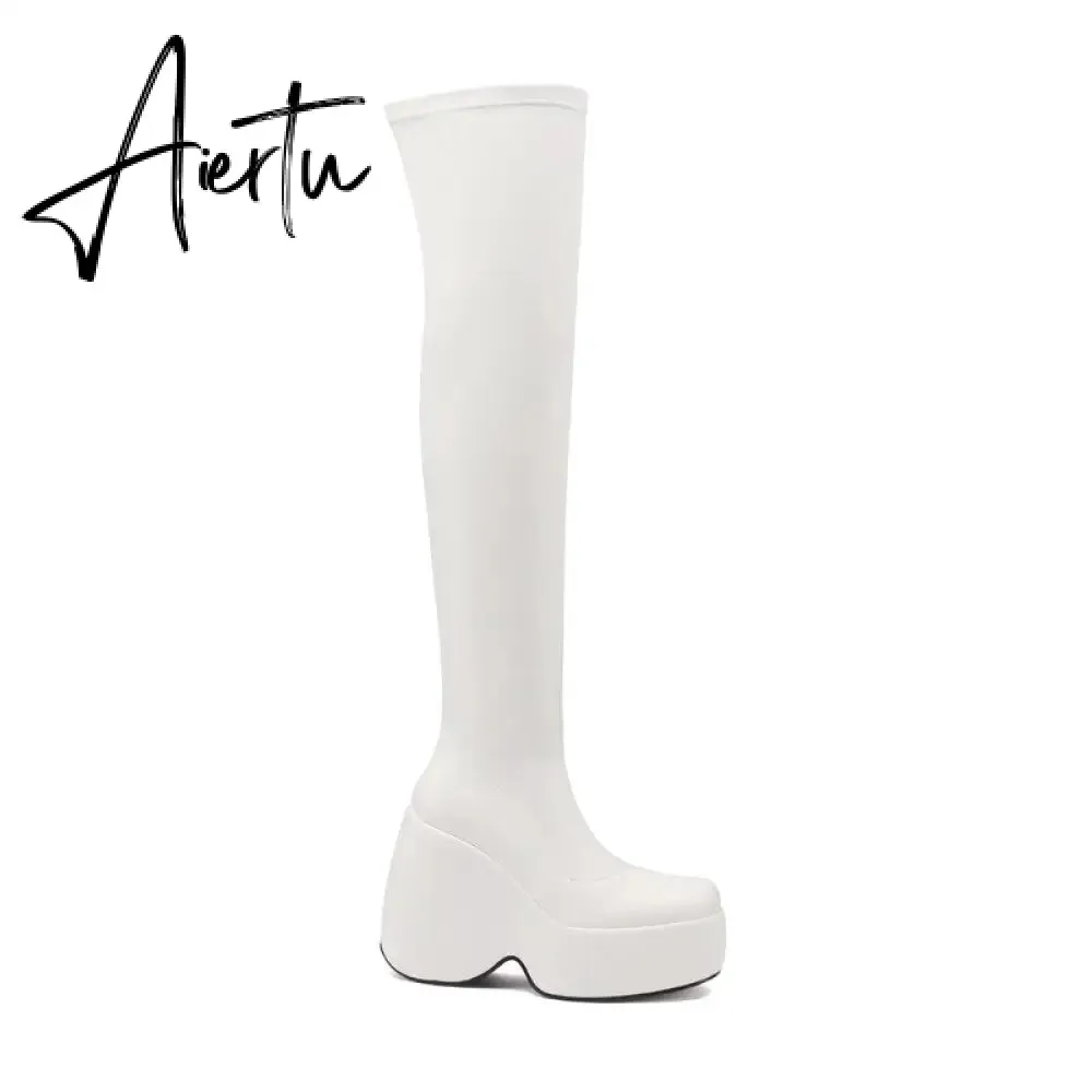 Spring autumn Women Over The Knee High Boots Pointed Toe wedges Heels slip on platform white Thigh High Boots